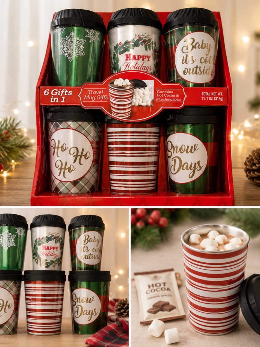 🎄 Holiday Travel Mug Gift Set 6 Gifts in 1 Hot Cocoa & Marshmallow Mugs